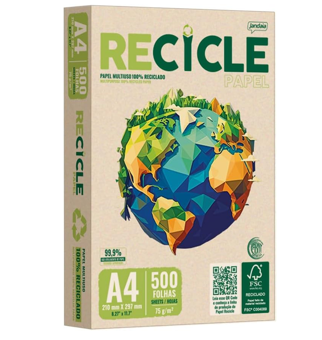 Papel Recicle A4 Multiuso 75g com 500fls 100% Reciclado